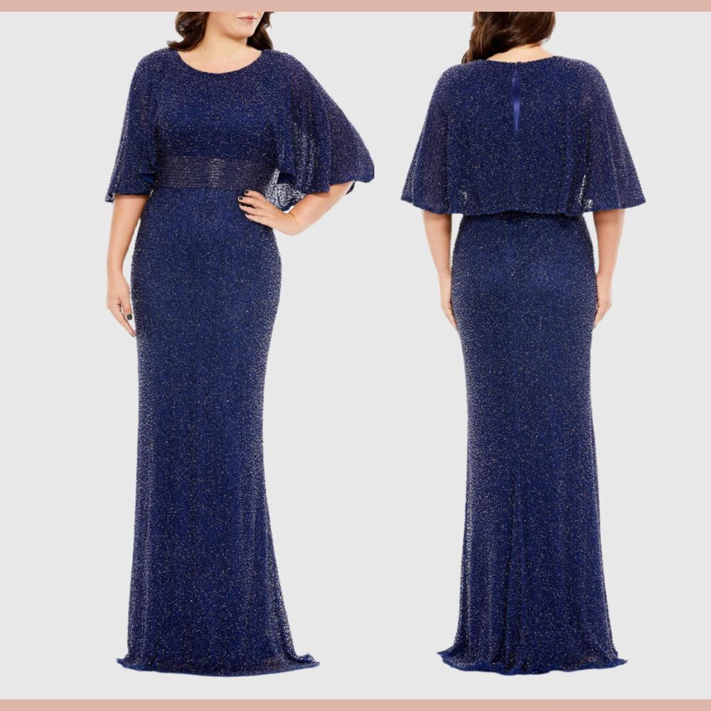 NEW MAC DUGGAL [ PLUS 18W ]‎ 5361 Embellished Cape Sleeve Gown Midnight Blue